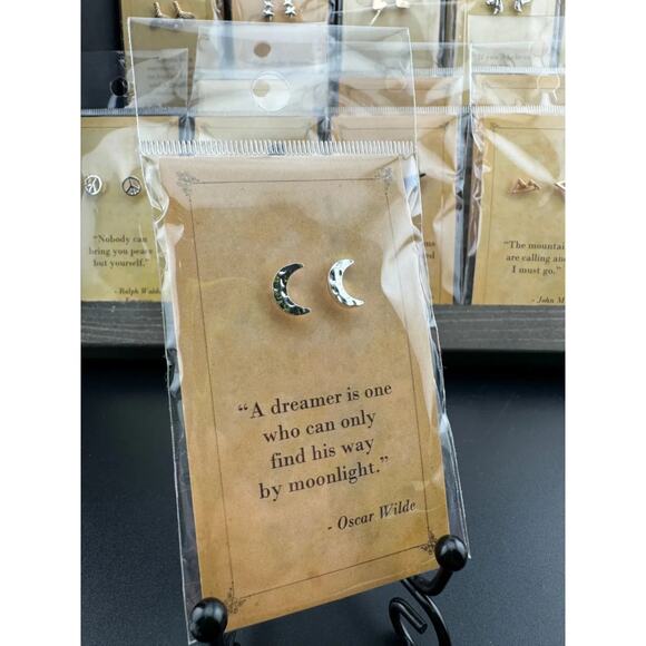 Bookish Quote Earrings - Silver Crescent Moon Oscar Wilde - Picture 2 of 3